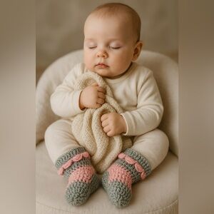 Handmade Crochet Baby Booties/hat– Pink & Sage Green | Soft 3–6 Month Baby Shoes